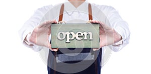 Owner person hold Open Sign Business to show service at door entrance store, cafe, retail and welcome shop. Happy Entrepreneur