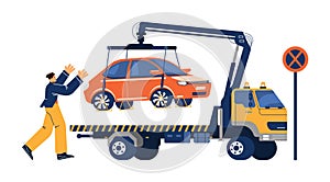 Owner runs after tow truck that tows the car, flat vector illustration isolated.