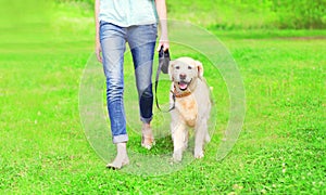 Owner woman with Golden Retriever dog is walking together in spring park