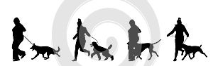 Owner woman keeps dog on the leash by running, champion dog vector silhouette, show exhibition. Pet friendly.