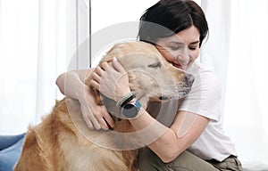 Owner Woman Petting Adorable Golden Retriever Dog