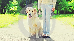 Owner woman walking with her Golden Retriever dog on leash in summer park