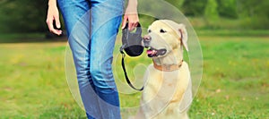 Owner woman walking with her Golden Retriever dog on leash in summer park