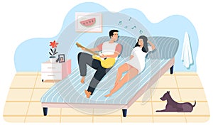 Owners of dog resting at home. Guy sings with guitar for girlfriend. Man playing musical instrument