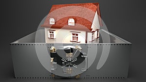 Small house locked in a metal vault, grey background photo