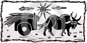 Ox cart. Brazilian northeast cordel woodcut illustration photo