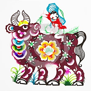 Ox, color paper cutting. Chinese Zodiac.