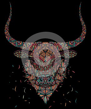 Ox, Mosaic head of a bull on a black background. Doodling zen art style