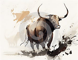 The ox, one of 12 chinese zodiac animal, with dangerous eye and face painted in the way of chinese style.