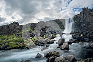 Oxarafoss waterfall in Thingvellir National Park Iceland