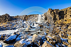 Oxararfoss waterfall in Thingvellir National Park, Iceland