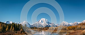 Oxbow Bend viewpoint on mt. Moran, Snake River and its wildlife during autumn, Grand Teton National park, Wyoming