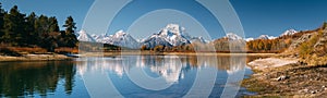 Oxbow Bend viewpoint on panorama with mt. Moran, Snake River and its wildlife during autumn, Grand Teton National park, Wyoming