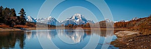 Oxbow Bend viewpoint on panorama with mt. Moran, Snake River and its wildlife during autumn, Grand Teton National park, Wyoming, U