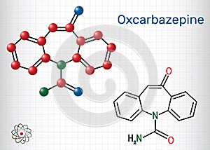 Oxcarbazepine, C15H12N2O2 molecule. It is antiepileptic, anticonvulsant drug used in treatment of seizures, epilepsy, bipolar photo