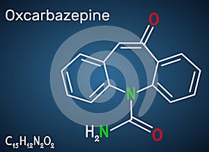 Oxcarbazepine, C15H12N2O2 molecule. It is antiepileptic, anticonvulsant drug used in treatment of seizures, epilepsy, bipolar