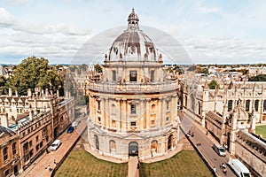 OXFORD, UNITED KINGDOM - AUG 29, 2019 - Elevated view of Radcliffe Camera and surrounding buildings, Oxford, Oxfordshire, England