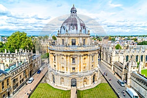 OXFORD, UNITED KINGDOM - AUG 29, 2019 - Elevated view of Radcliffe Camera and surrounding buildings, Oxford, Oxfordshire, England