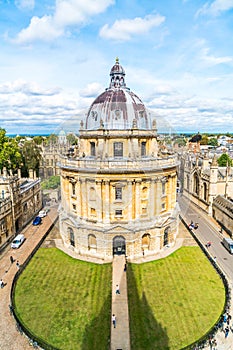 OXFORD, UNITED KINGDOM - AUG 29, 2019 - Elevated view of Radcliffe Camera and surrounding buildings, Oxford, Oxfordshire, England