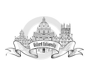 Oxford Univercity label. Oxford city skyline engraving photo