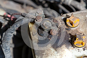 Oxidized and dirty car battery terminal. Battery terminals corrode dirty damaged problem. Old battery corrosion deteriorate leakin