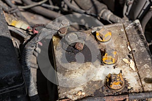 Oxidized and dirty car battery terminal. Battery terminals corrode dirty damaged problem. Old battery corrosion deteriorate leakin