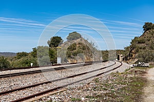 Oxidized railway tracks next to the abandoned Rio Tajo train station, near Garrovillas de Alconetar