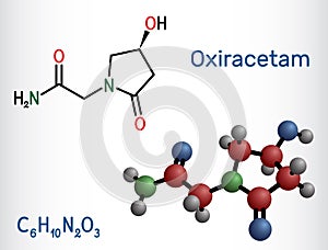 Oxiracetam molecule. It is is a nootropic drug of the racetam family, very mild stimulant. Structural chemical formula and