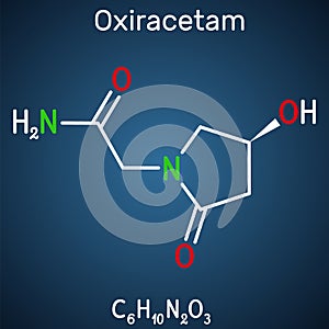 Oxiracetam molecule. It is is a nootropic drug of the racetam family, very mild stimulant. Structural chemical formula on the dark