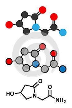 Oxiracetam nootropic drug molecule. Stylized 2D renderings and conventional skeletal formula.