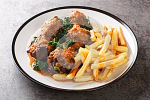 Oxtail in sauce Rabo de toro served with french fries on white plate on the concrete table. Horizontal