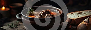 Oxtail Soup On Stone Rustic Pub Wide Panoramic. Generative AI