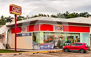 Oxxo supermarket shop store at road street gas station Mexico