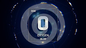 Oxygen as Element 8 of the Periodic Table 3D animation on blue background