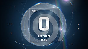 Oxygen as Element 8 of the Periodic Table 3D animation on blue background