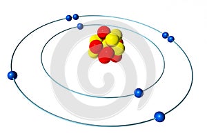 Oxygen atom with proton, neutron and electron, 3D Bohr model