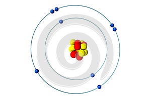 Oxygen atom with proton, neutron and electron, 3D Bohr model illustration