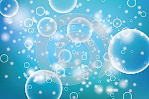 Oxygen bubbles in water blue background for scientific and biological concepts. Transparent circle, sphere ball, water