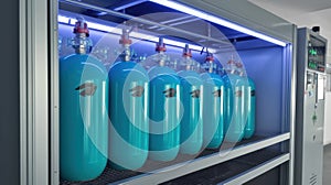 Oxygen cylinder with compressed gas. Blue Oxygen tanks for industry. Liquefied oxygen production. Factory