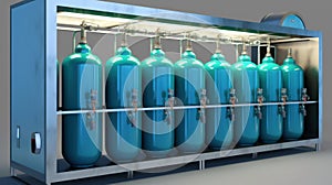 Oxygen cylinder with compressed gas. Blue Oxygen tanks for industry. Liquefied oxygen production. Factory