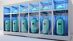 Oxygen cylinder with compressed gas. Blue Oxygen tanks for industry. Liquefied oxygen production. Factory