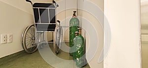Oxygen cylinders and wheelchair in covid-19 hospital