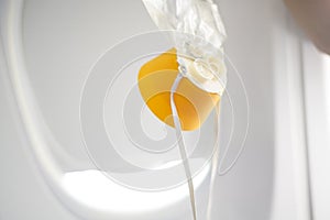 Oxygen mask drop from the ceiling compartment on airplane