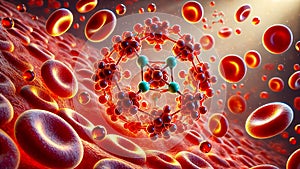 oxygen molecules binding to hemoglobin in a red blood cell