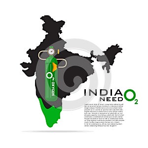 Oxygen Shortage in India during the second wave of coronavirus Covid-19 pandemic. Indian map with oxygen cylinder