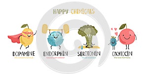 Oxytocin, serotonin, endorphin, dopamine. Hormones colorful vector illustration. Mood stabilizer, love hormone, reward