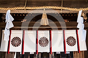 Oyamazumi Shrine curtain and sacred rope - Omishima island - Ehime, Japan photo