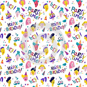 oyful Birthday Party Seamless Pattern Background with Fun colorful Characters