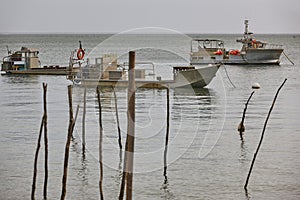 Oyster boats in Arcahon bay coast. Aquaculture seafood industry, France