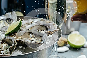 Oyster dinner with champagne in restaurant. Fresh Oysters with lime, lemon and ice. Restaurant menu, dieting, cookbook recipe